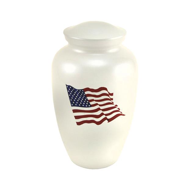 Large white American flag urn with lid