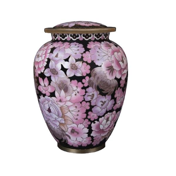 Large pink and black floral urn with lid