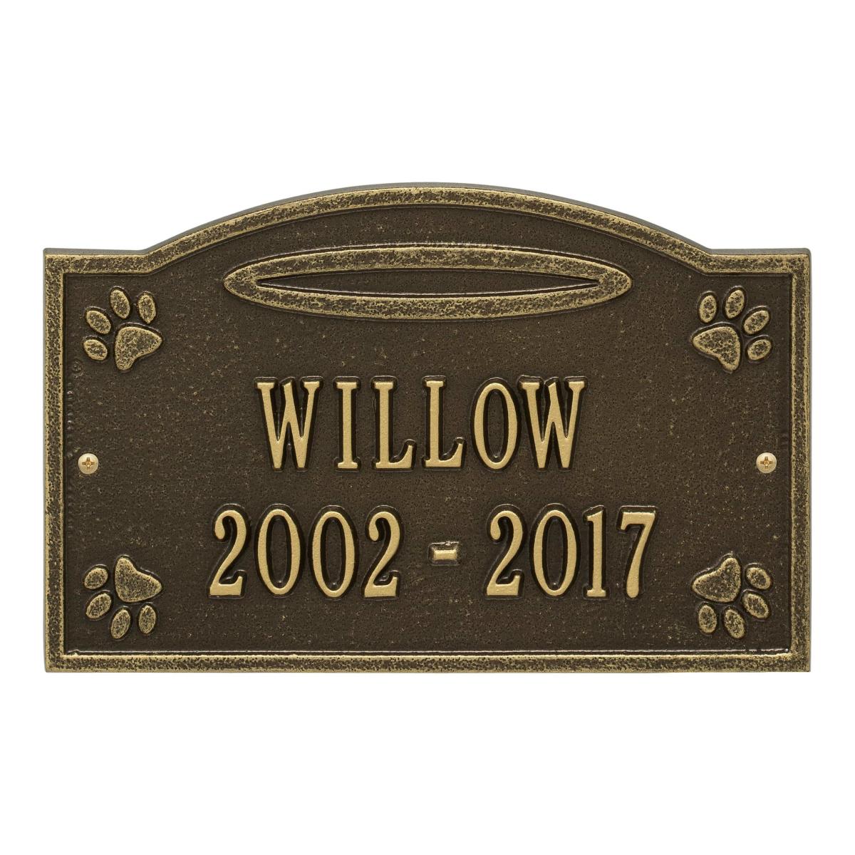 Ground antique brass plaque finish with image of pet paws and dates