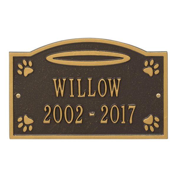 Ground Bronze and Gold plaque finish with image of pet paws and dates