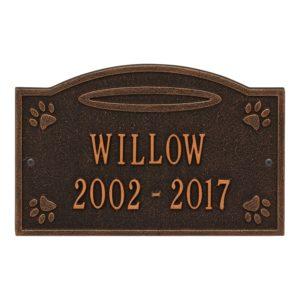 Ground oil rubbed bronze plaque finish with image of pet paws and dates