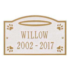 Ground White and Gold plaque finish with image of pet paws and dates