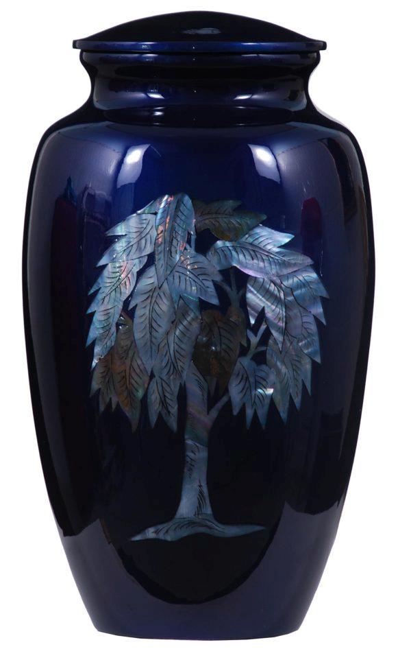 Large dark navy pearl tree urn with lid