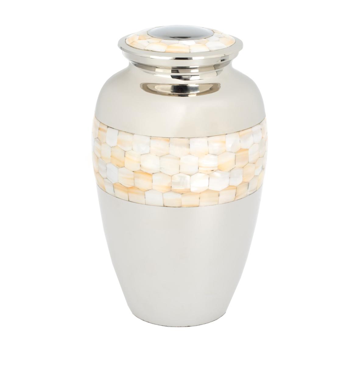 Large white pearl polished urn with lid