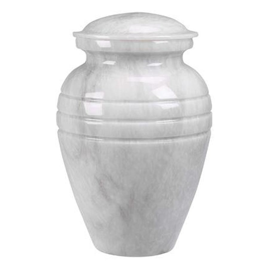 Large white marble urn with three engraved ridges and lid